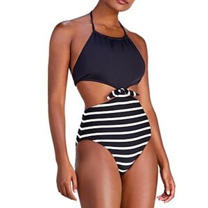 kate spade Black and White Halter Cutout One-Piece Swimsuit